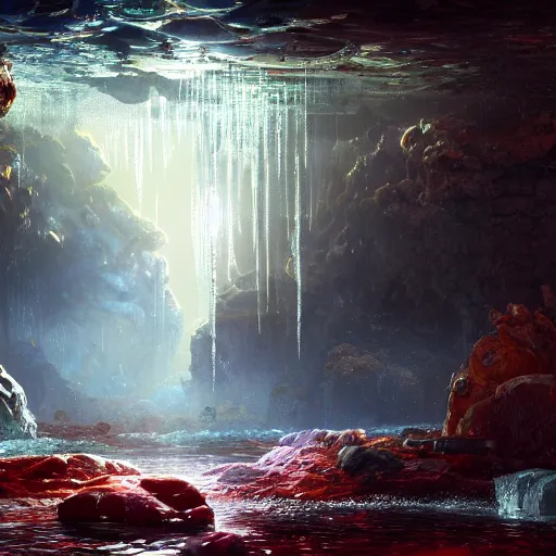 Prompt: listen to the sound of the underground water, volumetric lighting, matte painting, highly detailed oil painting, 8k, beautiful atmosphere, elegant cinematic, overwhelming depth and detail, vibrant colors, intricate masterpiece