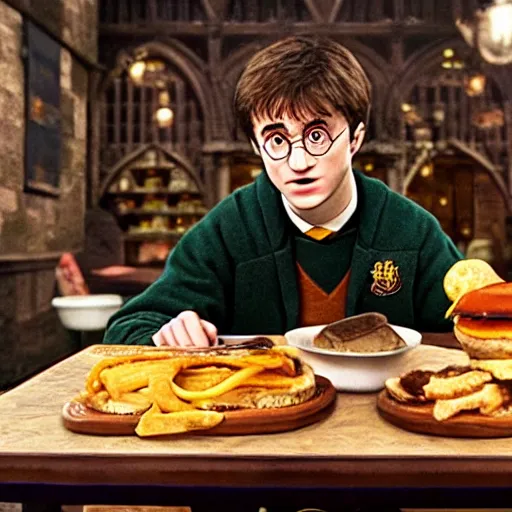 Image similar to Harry Potter eating a cheeseburger, photo realistic, award-winning, highly-detailed, epic, cinematic, dramatic