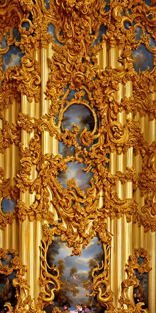 Prompt: the source of future growth dramatic, elaborate emotive Baroque and Rococo styles to emphasise beauty as a transcendental, seamless pattern, symmetrical, large motifs, rainbow liquid splashing and flowing, Queen Catherine's palace, St. Petersberg, Amber room 8k image, supersharp, spirals and swirls in rococo style, medallions, iridescent black and rainbow colors with gold accents, perfect symmetry, High Definition, sci-fi, Octane render in Maya and Houdini, light, shadows, reflections, photorealistic, masterpiece, smooth gradients, high contrast, 3D, no blur, sharp focus, photorealistic, insanely detailed and intricate, cinematic lighting, Octane render, epic scene, 8K