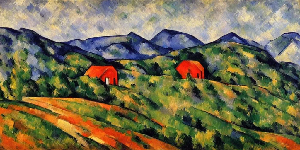 Image similar to stunning painting of landscape with an red cabin on a mountain by paul cezanne