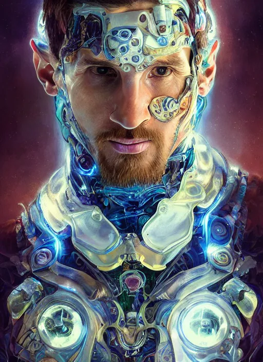 Image similar to lionel messi as a organic cyborg, diffuse lighting, fantasy, intricate, elegant, highly detailed, lifelike, photorealistic, digital painting, artstation, illustration, concept art, smooth, sharp focus, art by john collier and albert aublet and krenz cushart and artem demura and alphonse mucha