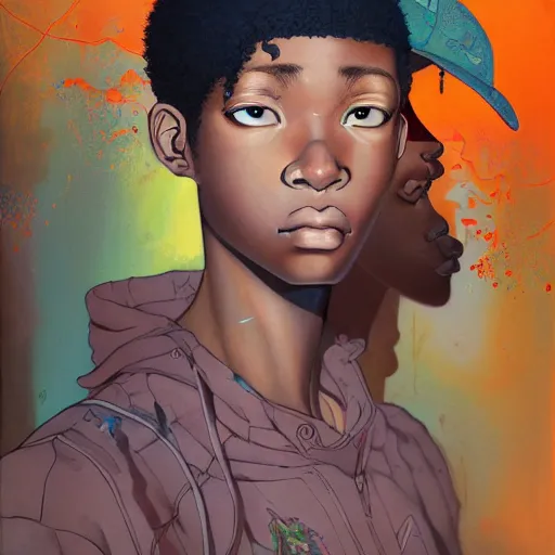 Image similar to teenager citizen portrait soft light painted by james jean and katsuhiro otomo and erik jones, inspired by nigerian anime, smooth face feature, intricate oil painting, high detail illustration, sharp high detail, manga and anime 1 9 9 9