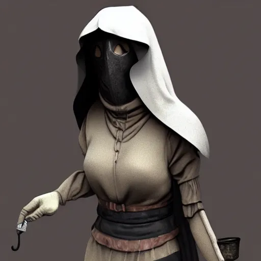 Prompt: female plague doctor donning a black hood, tight knightly armor and a white crow mask, trending on artstation