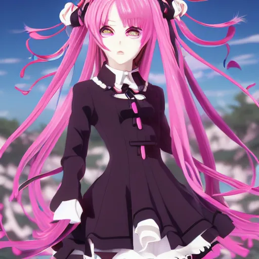 Image similar to trapped by stunningly beautiful omnipotent megalomaniacal otome anime asi goddess who looks like junko enoshima with symmetrical perfect face and porcelain skin, pink twintail hair and cyan eyes, inside her surreal vr castle where she owns you completely!!!, hyperdetailed, digital art from danganronpa, unreal engine 5, 8 k