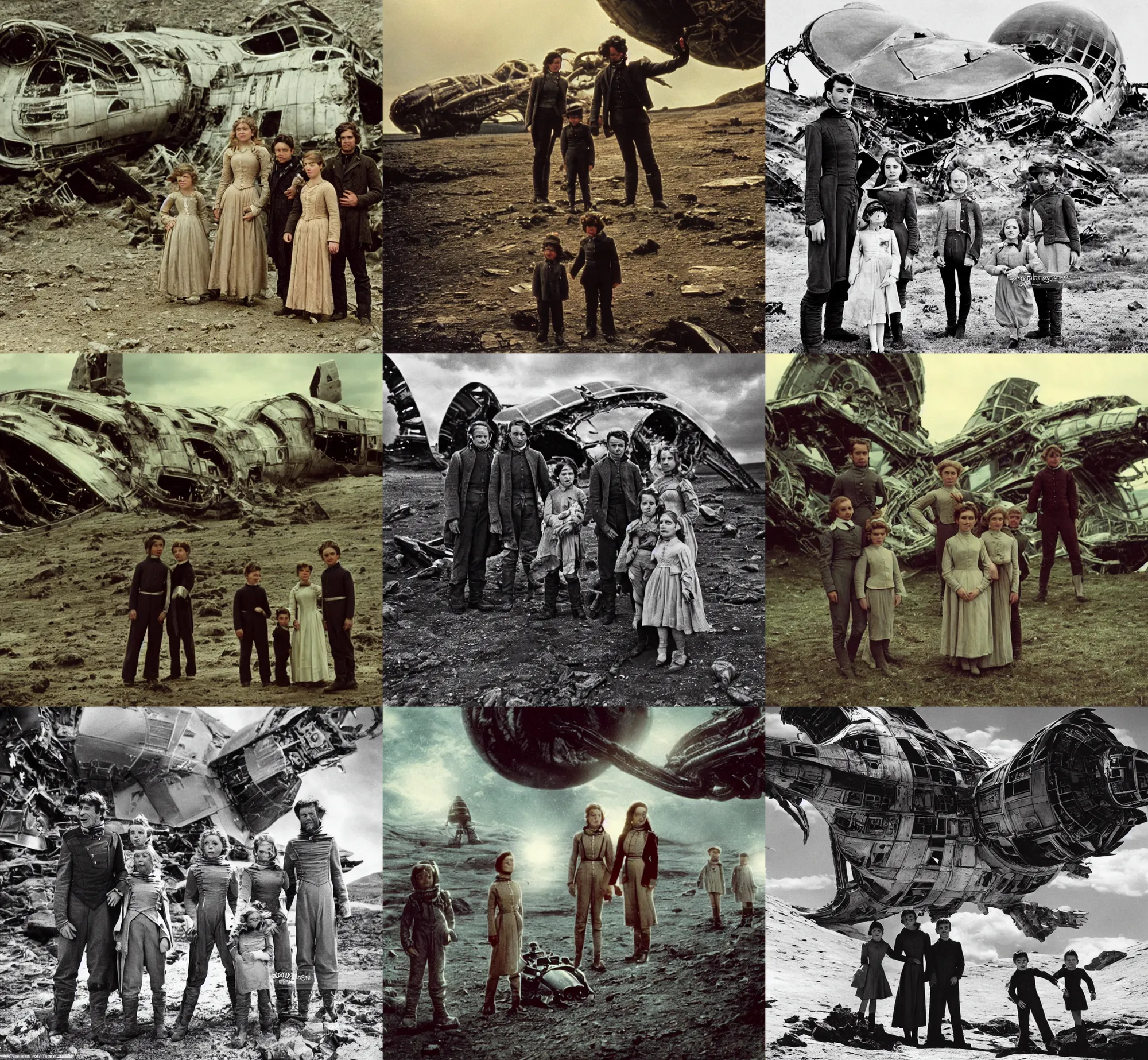 Prompt: extremely sharply detailed, 7 0 mm film from blockbuster 9 6 k sci fi color movie freeze frame, set 1 8 6 0, family standing in front of crashed spaceship, on alien planet, looking happy, wearing 1 8 5 0 s era clothes, atmospheric lighting, in focus, reflective eyes, 9 9 9 mm lens, live action, nice composition and photography, clear faces