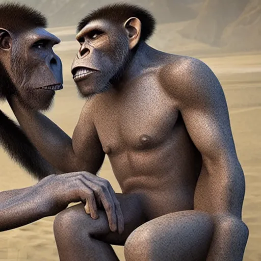 Prompt: Homo habilis meeting modern scientist, field researcher, proto-humans, 2022 photograph, award-winning photo