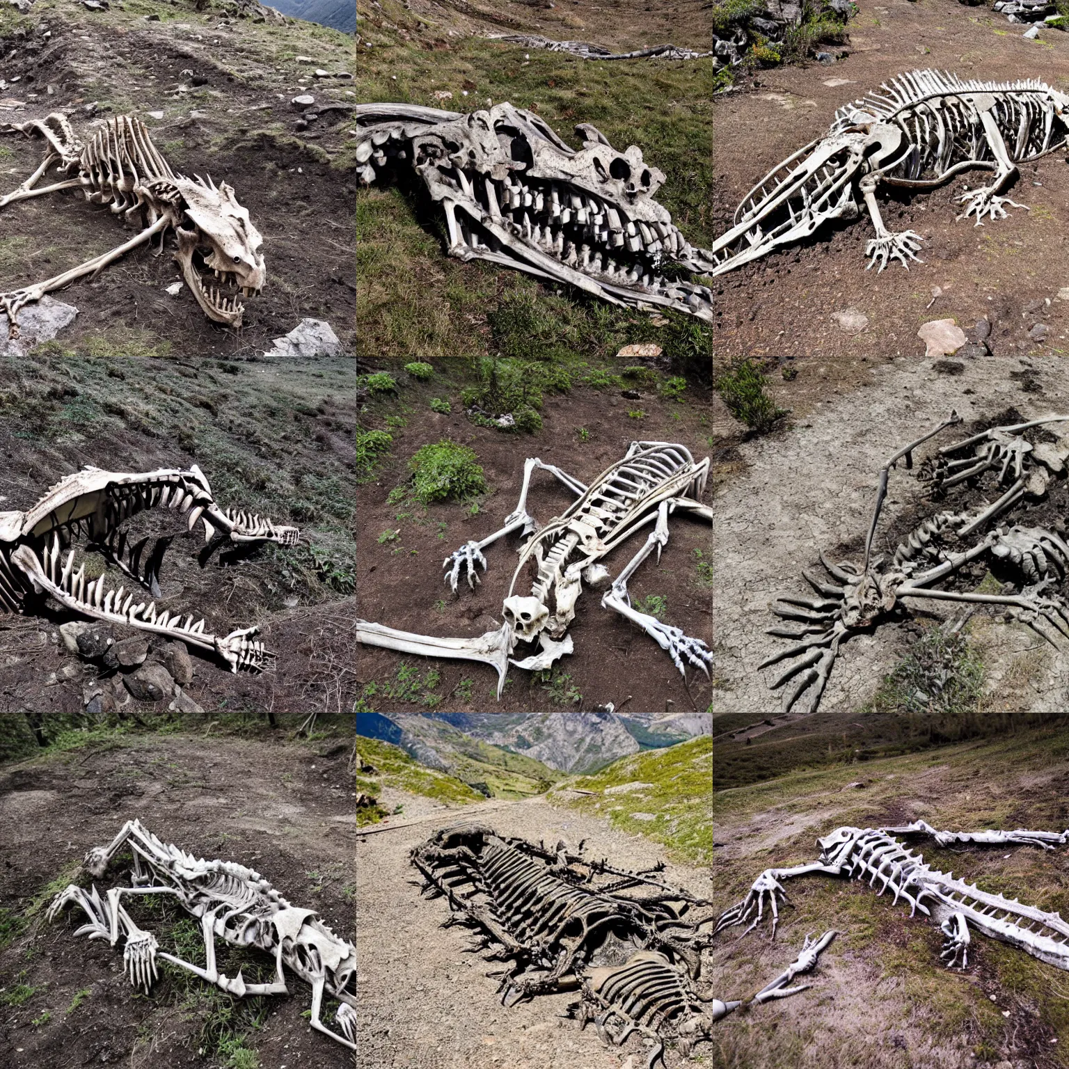 Prompt: a decayed dragon skeleton partially embedded in the ground in the mountainside