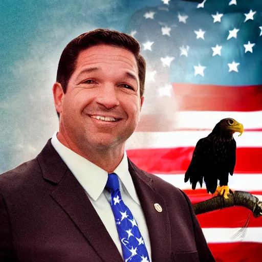 Prompt: ron desantis with bald eagle sitting on his shoulder, award - winning, artstation, patriotic, fireworks in background,