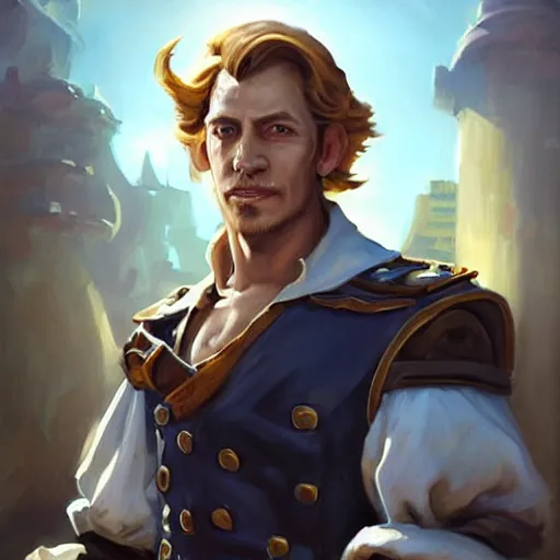 Image similar to greg manchess portrait painting of partially armored pirate captain guybrush threepwood as overwatch character, medium shot, asymmetrical, profile picture, organic painting, sunny day, matte painting, bold shapes, hard edges, street art, trending on artstation, by huang guangjian, gil elvgren, ruan jia, greg rutkowski, gaston bussiere