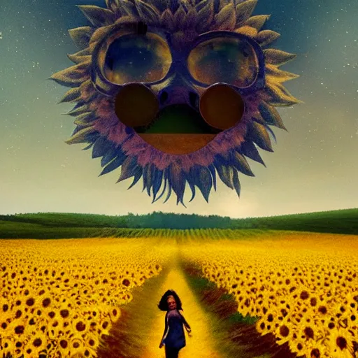 Prompt: huge sunflower as a face, girl walking in wheat field, hills, surreal photography, dark night, star trails, dramatic light, impressionist painting, clouds, digital painting, artstation, simon stalenhag