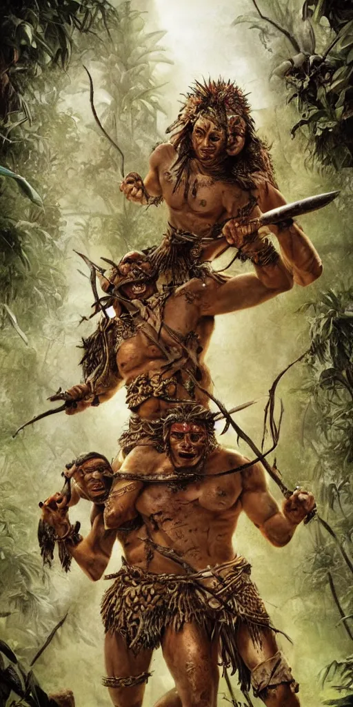 Image similar to editorial battle in jungle, brutal tower full of aztec and Amazonian fighting, epic, vintage, blood, slight inspiration of Boris vallejo and apocalypto, war photography