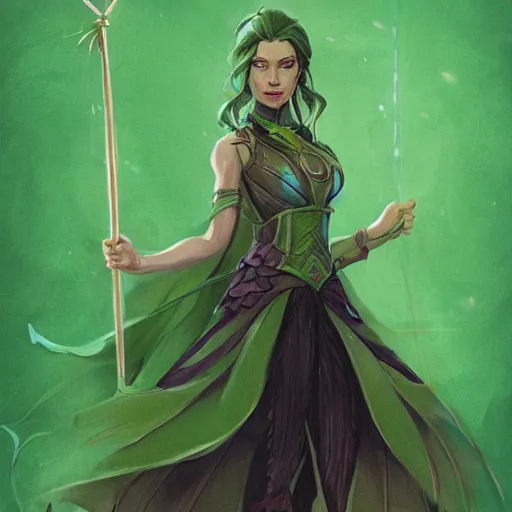 Image similar to a woman in a green dress standing holding a magic staff, a character portrait by Magali Villeneuve, featured on polycount, fantasy art, concept art, d&d, 2d game art