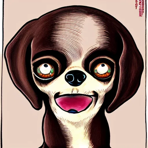 Image similar to a dark brown chihuahua facing the camera, hyper detailed, in the style of junji ito