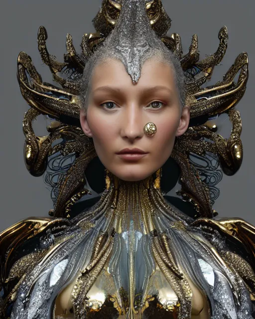 Image similar to a highly detailed metahuman 4 k close up render of an alien goddess bella hadid monument in iris van herpen armor schiaparelli in diamonds crystals swarovski and jewelry iridescent in style of alphonse mucha gustav klimt trending on artstation made in unreal engine 4