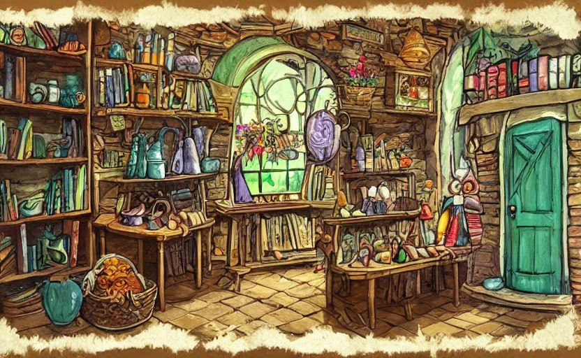 Image similar to witch's shop, storybook, gouache, flat, concept art, lush