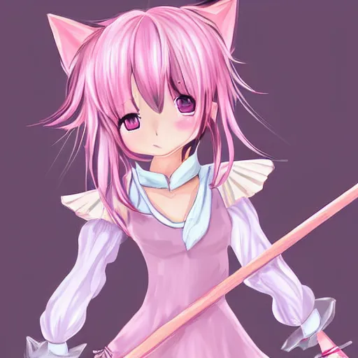 Prompt: pink hair anime cat girl, high quality digital art, video game character, frilly cloth dress, holding a wooden staff