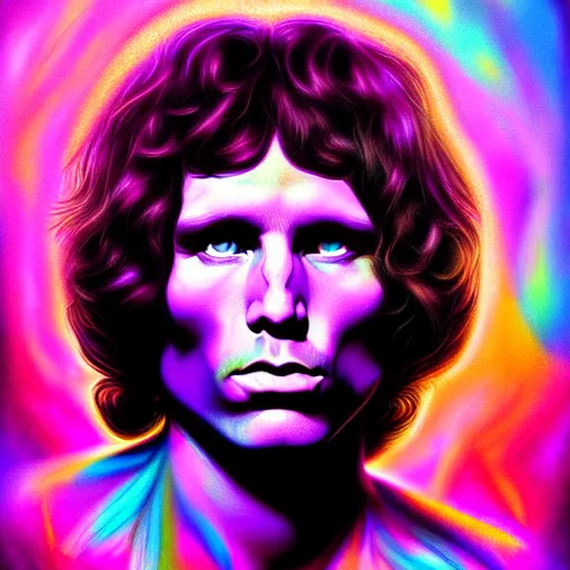 Image similar to An extremely psychedelic portrait of Jim Morrison, surreal, LSD, face, detailed, intricate, elegant, lithe, highly detailed, digital painting, artstation, concept art, smooth, sharp focus, illustration