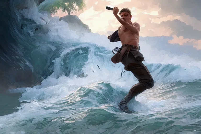 Image similar to a man fights an explosive wave with a knife, portrait, highly detailed, digital painting, artstation, concept art, smooth, sharp focus, illustration, cinematic lighting, art by artgerm and greg rutkowski and alphonse mucha