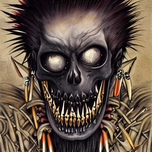 Prompt: a portrait of the grim reaper as a punk rocker, punk, skeleton face, mohawk, dark, fantasy, leather jackets, spiked collars, spiked wristbands, piercings, boots, electric guitars, motorcycles, ultrafine detailed painting by frank frazetta and vito acconci and takeshi obata, death note style, detailed painting, symmetrical eyes