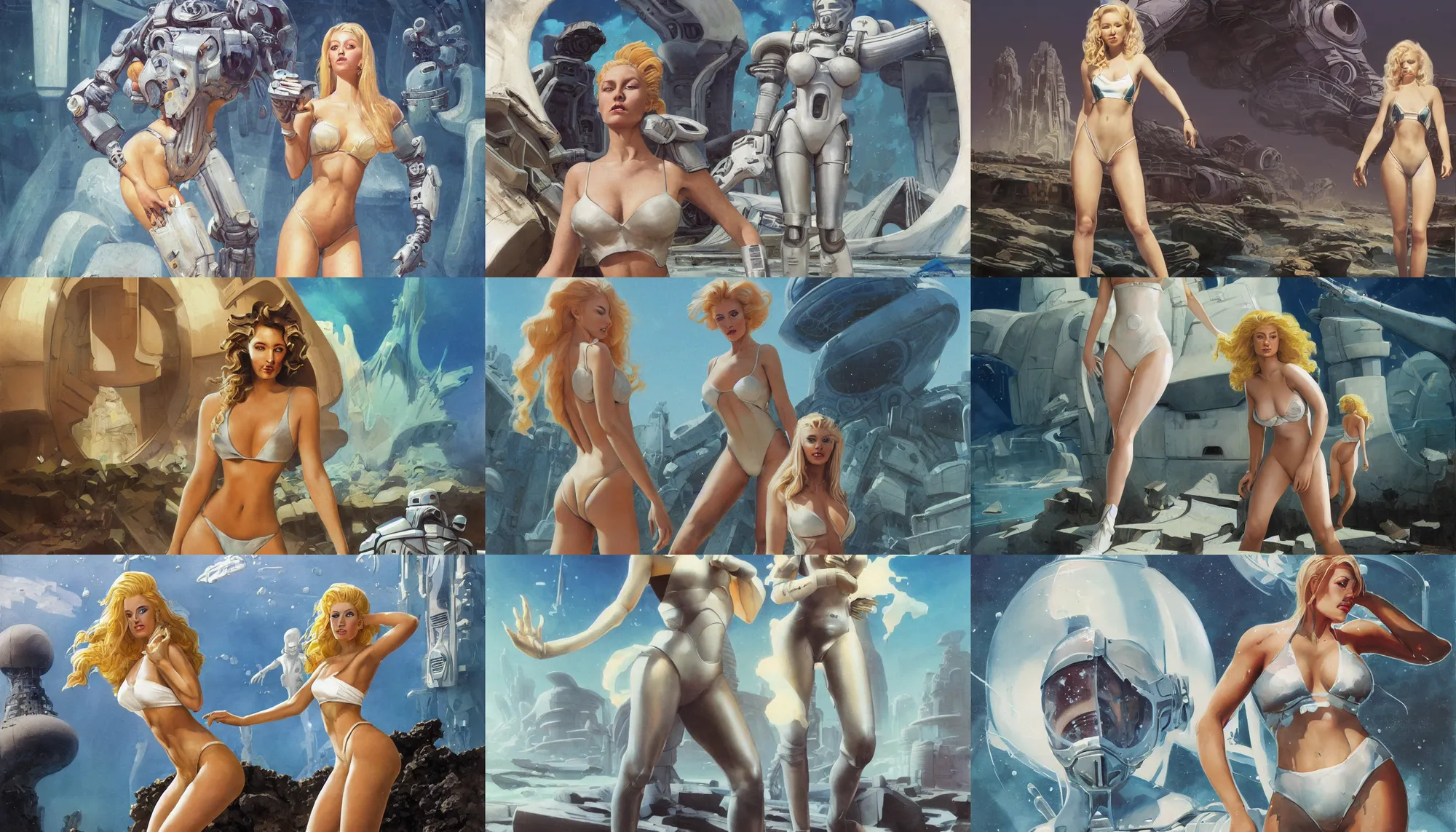 Prompt: A mixed media portrait painting of a beautiful blonde woman exploring the ruins of a watery alien planet, very curvy, aesthetic! high-waisted white-bikini-armor and boots, aesthetic symmetrical face and eyes, model, Scandinavian, discarded mechsuit in background, by Boris Vallejo, Beeple, Frank Frazetta, Greg Rutkowski, Christian MacNevin, Alphonse Mucha, epic fantasy character art, high fantasy, CGsociety, 60's Sci-fi Pinup style, exquisite detail, post-processing, masterpiece, cinematic