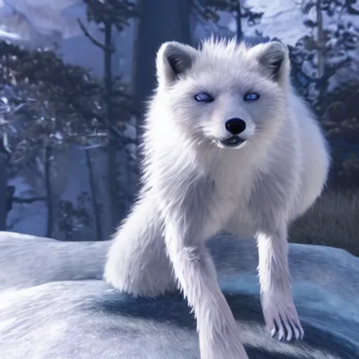 Image similar to Playstation 4 screenshot depicting an anthropomorphic arctic fox furry up as a character in Final Fantasy, octane render