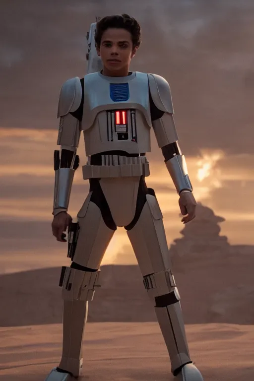 Image similar to jake t. austin as a droid in star wars the rise of skywalker, 3 5 mm photography, highly detailed, cinematic lighting, standing pose, holding lightsaber 4 k