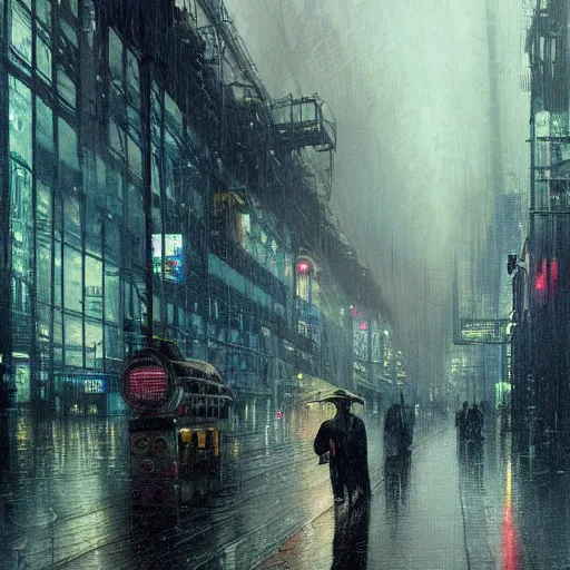 Image similar to a beautifull intricate rainy day in a cyberpunk city, brutalism, punks, reflexions, raindrops, high details by william turner art, greg rutkowski and alphonse mucha, trending on artstation, very very detailed, masterpiece,