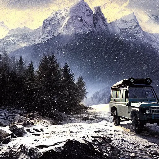 Image similar to a landrover crossing the alps while its snowing, digital art, artstation, photgraphy