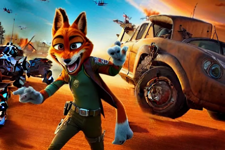 Image similar to nick wilde ( from zootopia ), heavily armed and armored facing down armageddon in a dark and gritty reboot from the makers of mad max : fury road