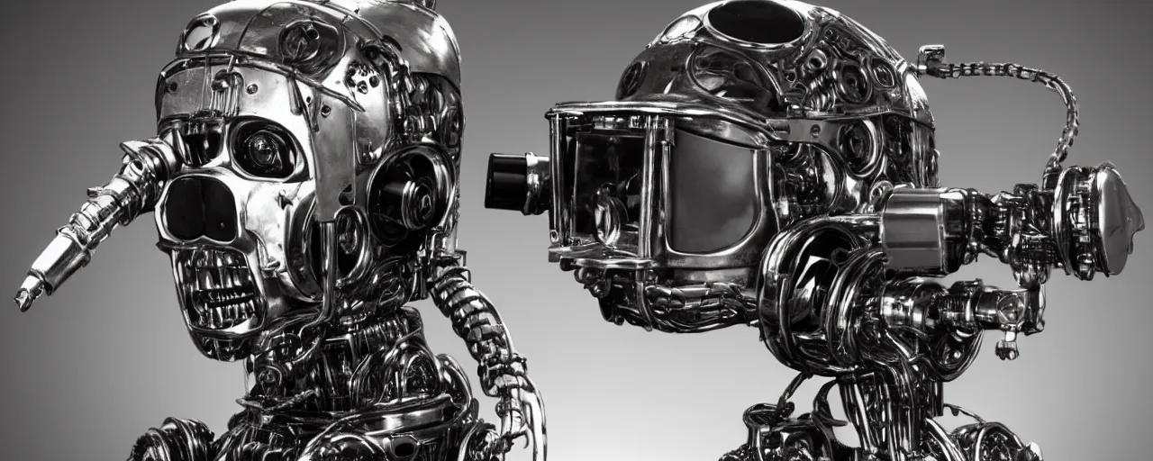 Image similar to vintage photo of advanced complex steampunk VR headset, terminator, robot, borg