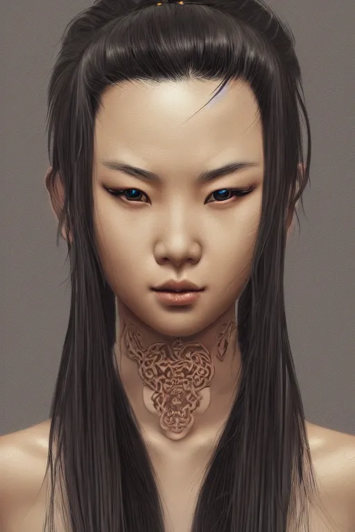 Prompt: a portrait of an lonely asian goddess, detailed, realistic eyes, horizontal partial symmetry features proportions, intricate facial details, cybertech wear, award winning, trending in cgsociety artstation deviant art