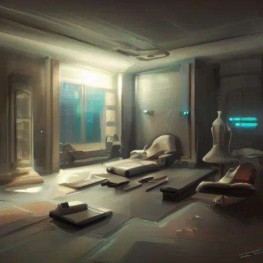 Image similar to futuristic room, crisp, artstation, luxury, beautiful, dim painterly lighting, 3 d concept art