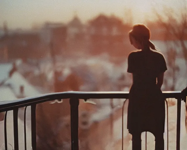 Image similar to lomo photo of pair standing on small hrushevka balcony full with cigarette smoke in small russian town looking at sunset, cinestill, bokeh