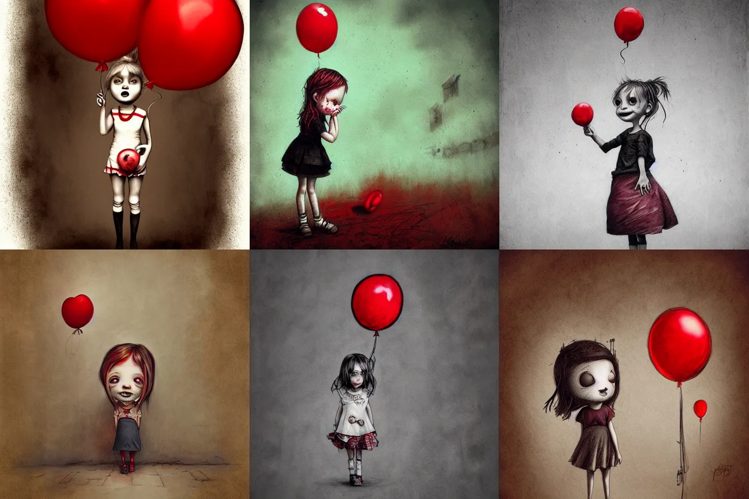 Prompt: surrealism grunge cartoon sketch of a sad little girlwith a wide smile and a red balloon by - michael karcz, loony toons style, horror theme, detailed, elegant, intricate