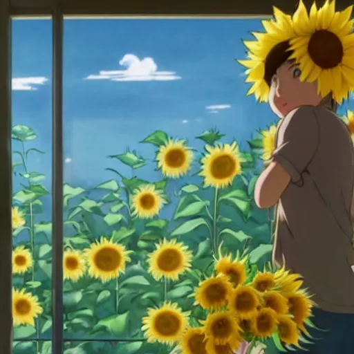 Image similar to a boy with long green hair lies in a hospital bed with a bunch of sunflowers by the window, by mamoru hosoda, hayao miyazaki, makoto shinkai