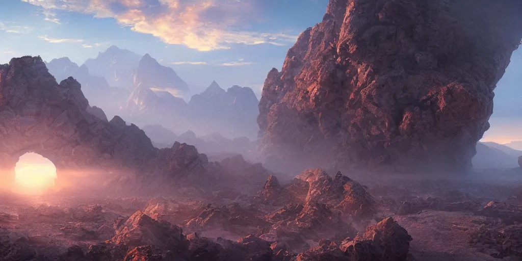 Image similar to Steven Spielberg movie shot, a mountain valley shattered into thousands of rock fragments, no gravity, moody atmosphere, sunrise, 10mm lens, trending on Artstation, highly detailed,
