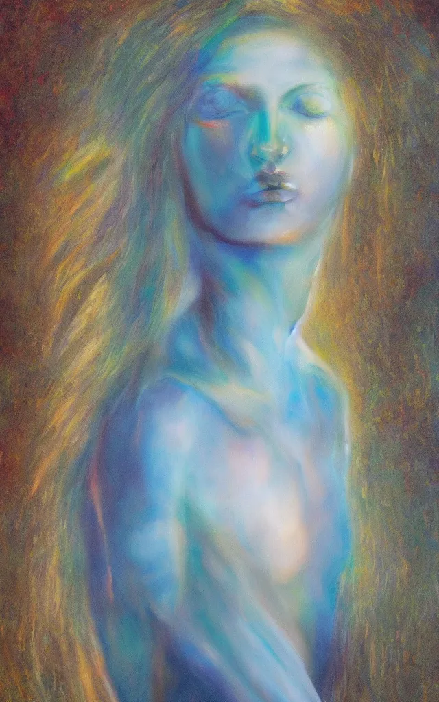 Image similar to iridescent spirit of desire and fear cruel beautiful spirit androgynous with golden eyes lunar mythos ambient fog, award winning oil painting, distinct color palette