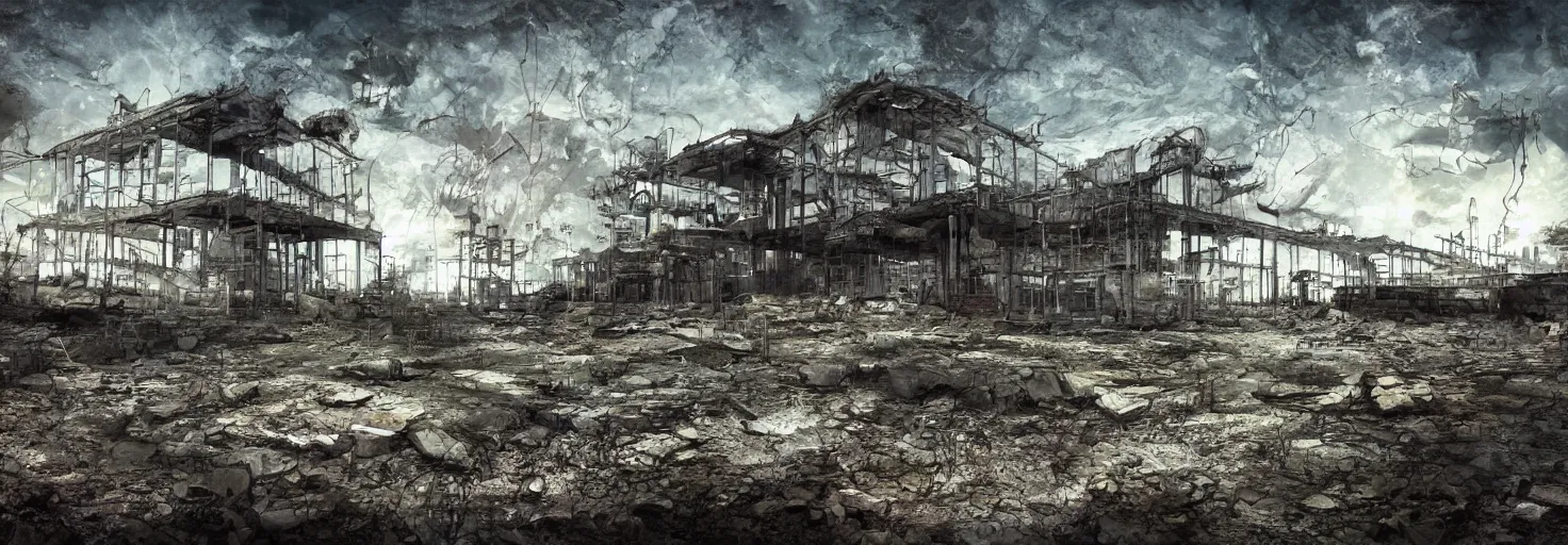 Prompt: lost complex in the wastelands, digital art,