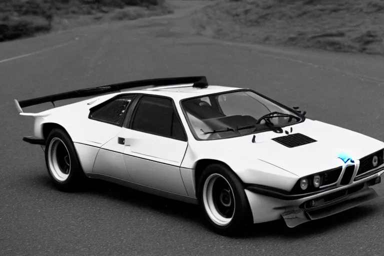 Image similar to BMW M1 Lamborghini LP400, movie still, speed, cinematic Eastman 5384 film