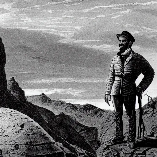 Prompt: 19th century scruffy american trapper, standing atop boulder overlooking expanse, sphinx in distance, pulp science fiction illustration