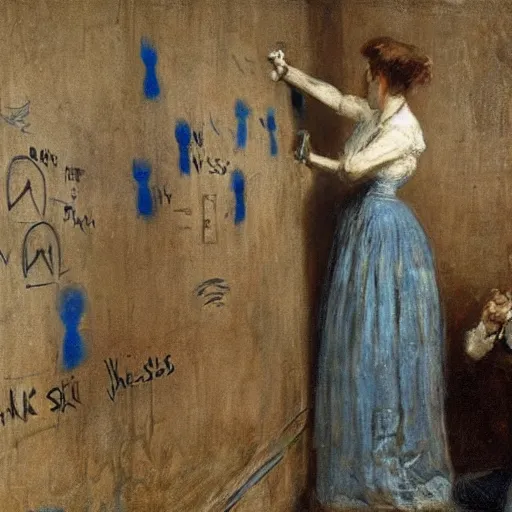 Image similar to a young man and a young woman solving an escape room puzzle, mysterious markings on the wall, by alfred stevens