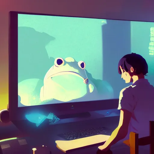 Prompt: toad, in front of a laptop, makoto shinkai, james gilleard, ilya kuvshinov, very detailed, matte, gaussian blur, tone mapped