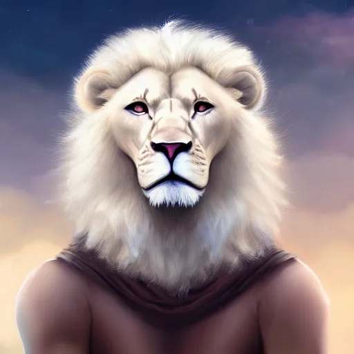 Image similar to a beautfiul aesthetic commission portrait of a anthro albino lion looking at the sky worried,attractive beautiful face,detailes face,expression,natural lighting,fantasy art,deviantart,artstation,character design by charles bowater,ross tran,artgerm,4k,photorealistic