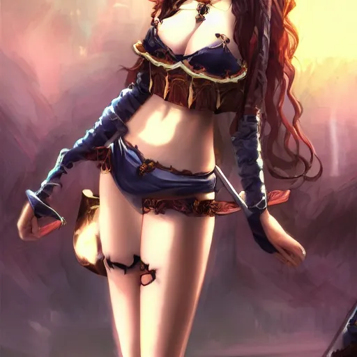 Prompt: pretty anime girl in bikini in sad byzantine mask, concept art, grim dark fantasy stand infront of poor christian farmer.