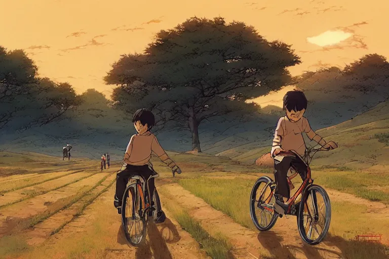 Image similar to a boy riding his bike through the plains of rural japan, high intricate details, rule of thirds, golden ratio, cinematic light, anime style, graphic novel by fiona staples and dustin nguyen, by beaststars and orange, peter elson, alan bean, studio ghibli, makoto shinkai