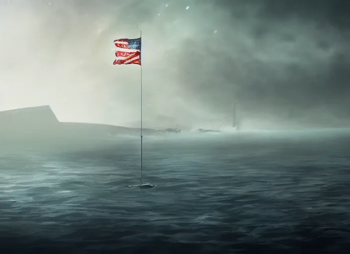 Image similar to astronaut holding a flag in an underwater desert. a submarine is visible in the distance. dark, concept art, cinematic, dramatic, atmospheric, 8 k, trending on artstation, blue, fish, low visibility, fog, ocean floor, christopher nolan, interstellar