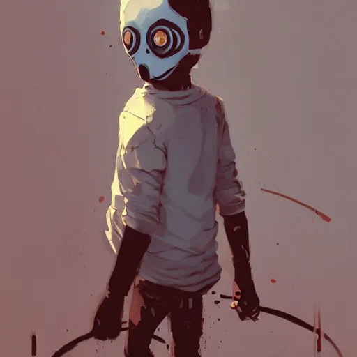 Image similar to boy wearing scream mask by atey ghailan, by greg rutkowski, by greg tocchini, by james gilleard, by joe fenton, by kaethe butcher, dynamic lighting, gradient light blue, brown, blonde cream and white color scheme, grunge aesthetic