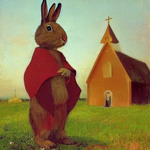 Prompt: a rabbit wearing a simple brown cape, standing next to a small russian wooden church, in the style of ilya repin