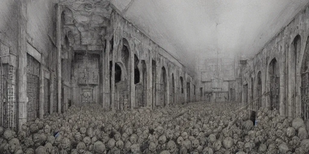 Image similar to Artwork by Alan Lee of the cinematic view of the Seventh Terrifying Prison.