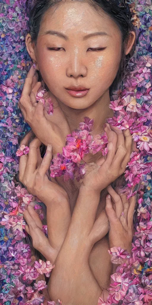 Image similar to very beautiful highly detailed and expressive oil painting of an asian woman's face dissolving into petals and flowers, masterpiece, dynamic lighting, intricate linework, 8 k, flowers